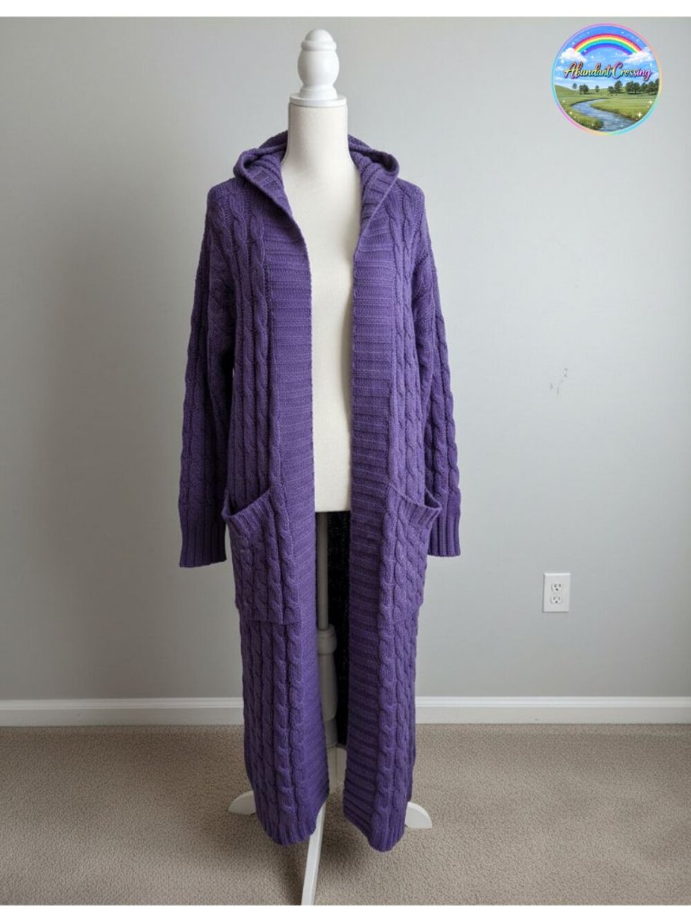 Cable Knit Maxi Cardigan Sweater Open Front Dual Pockets Long